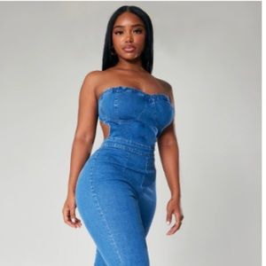 Shape Mid Blue Wash Cup Detail Tie Back Denim Jumpsuit | Size: 12